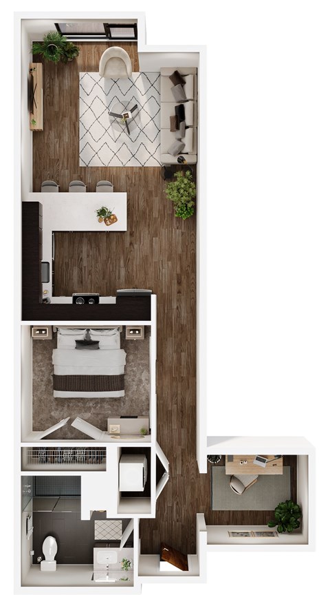 A floor plan of a small apartment with a kitchen, living room, and bathroom.